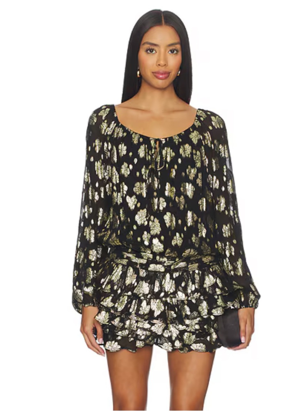 Amanda Uprichard Dallas Black and Gold Floral Ruffle Romper NWT